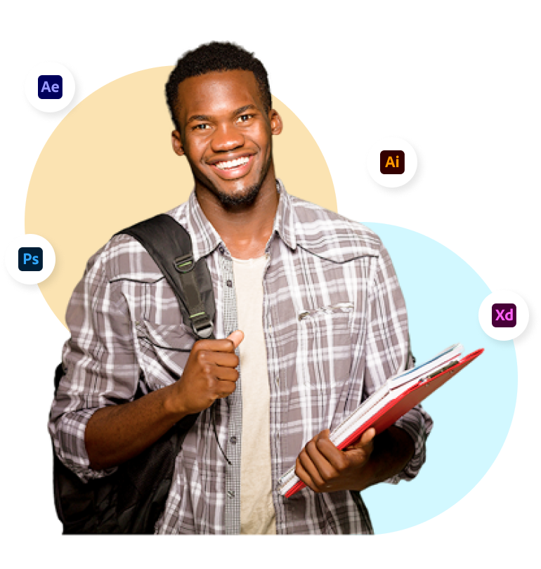 A smiling guy with backpack, holding notebooks and papers. Surrounded with logos of adobe xd, photoshop, illustrator and effects. 